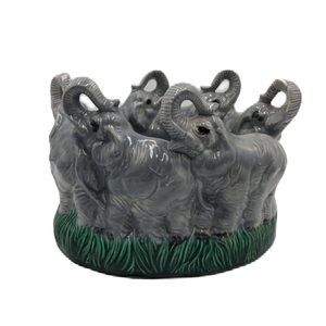 Vintage Ceramic Elephants Marching Bowl Trunks Up Decorative Tabletop Animal